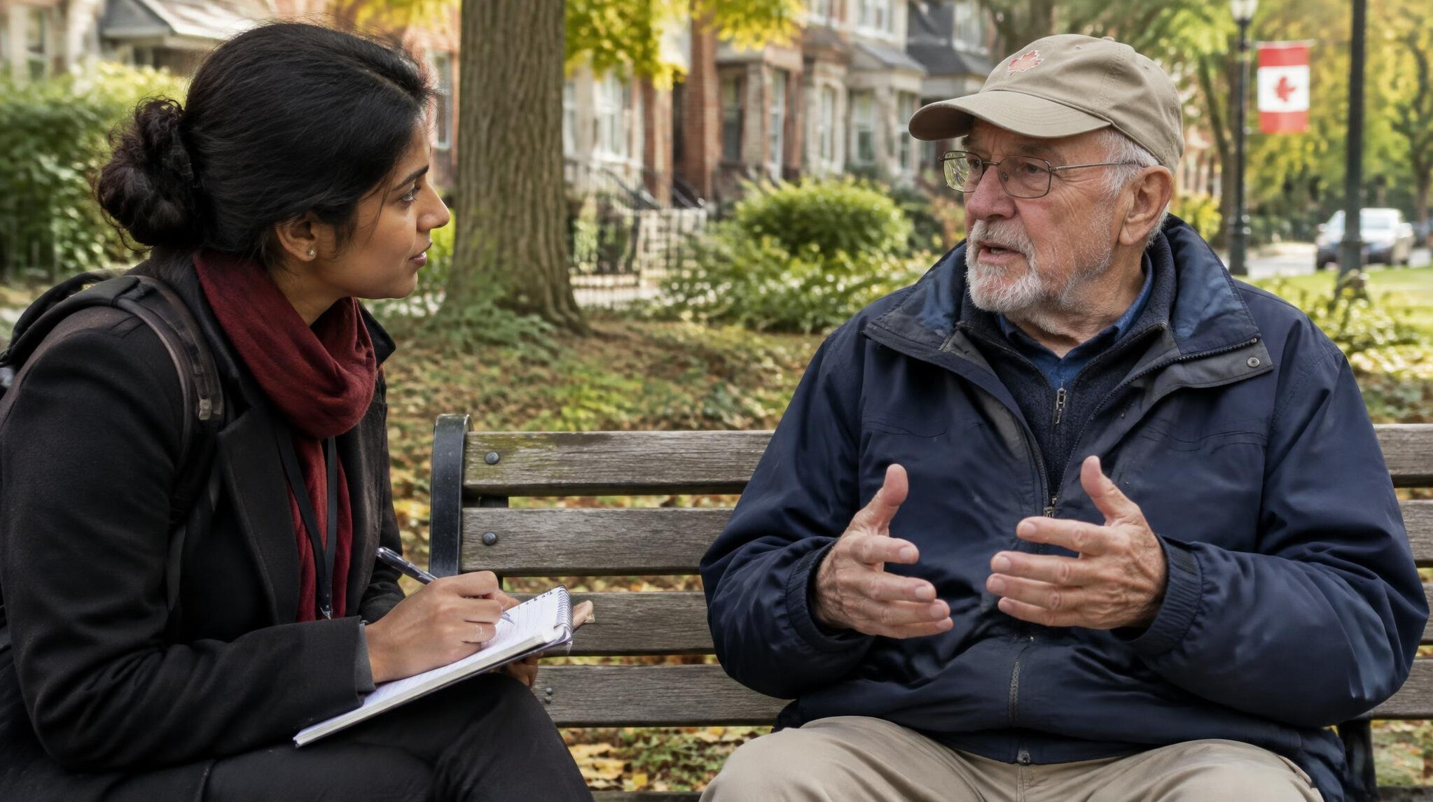 Journalist interviewing a local resident outdoors