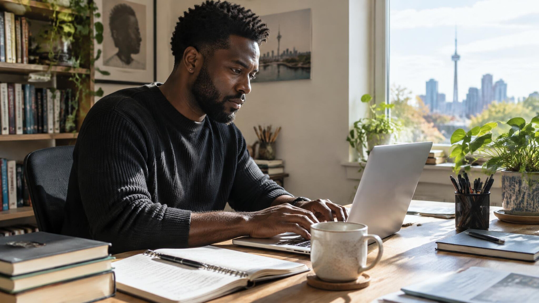 Writer working on a sponsored feature at a laptop